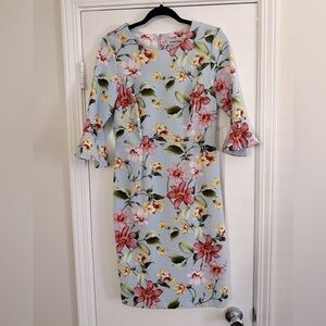 Shelby & Palmer Floral Bodycon Dress 3/4 Ruffle Bell Sleeve Size 8